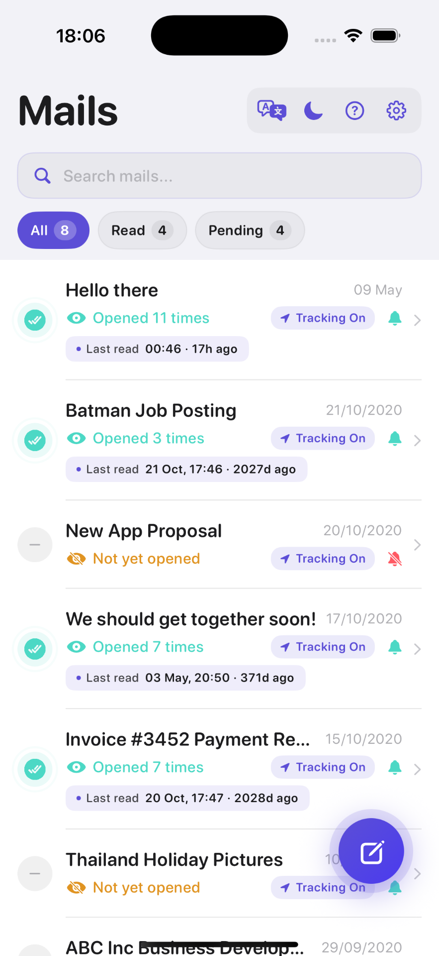 Mail Tracer inbox with read receipts